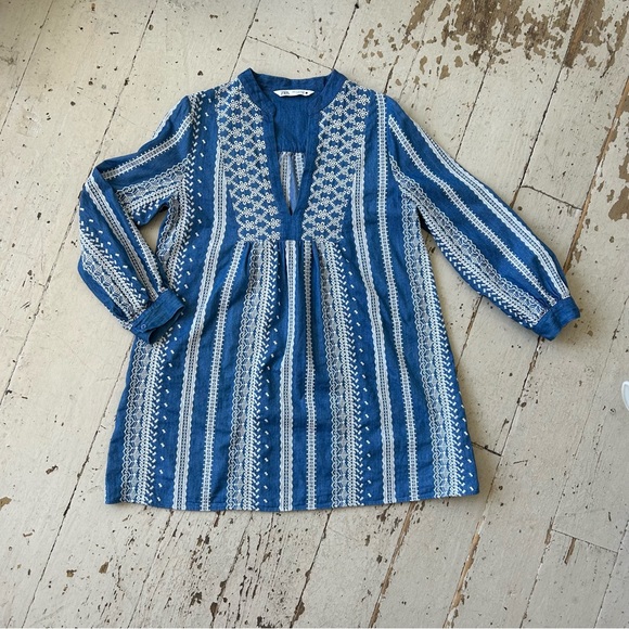 Zara Embroidered Eyelet Chambray Tunic Peasant Mini Dress - Picture 9 of 14